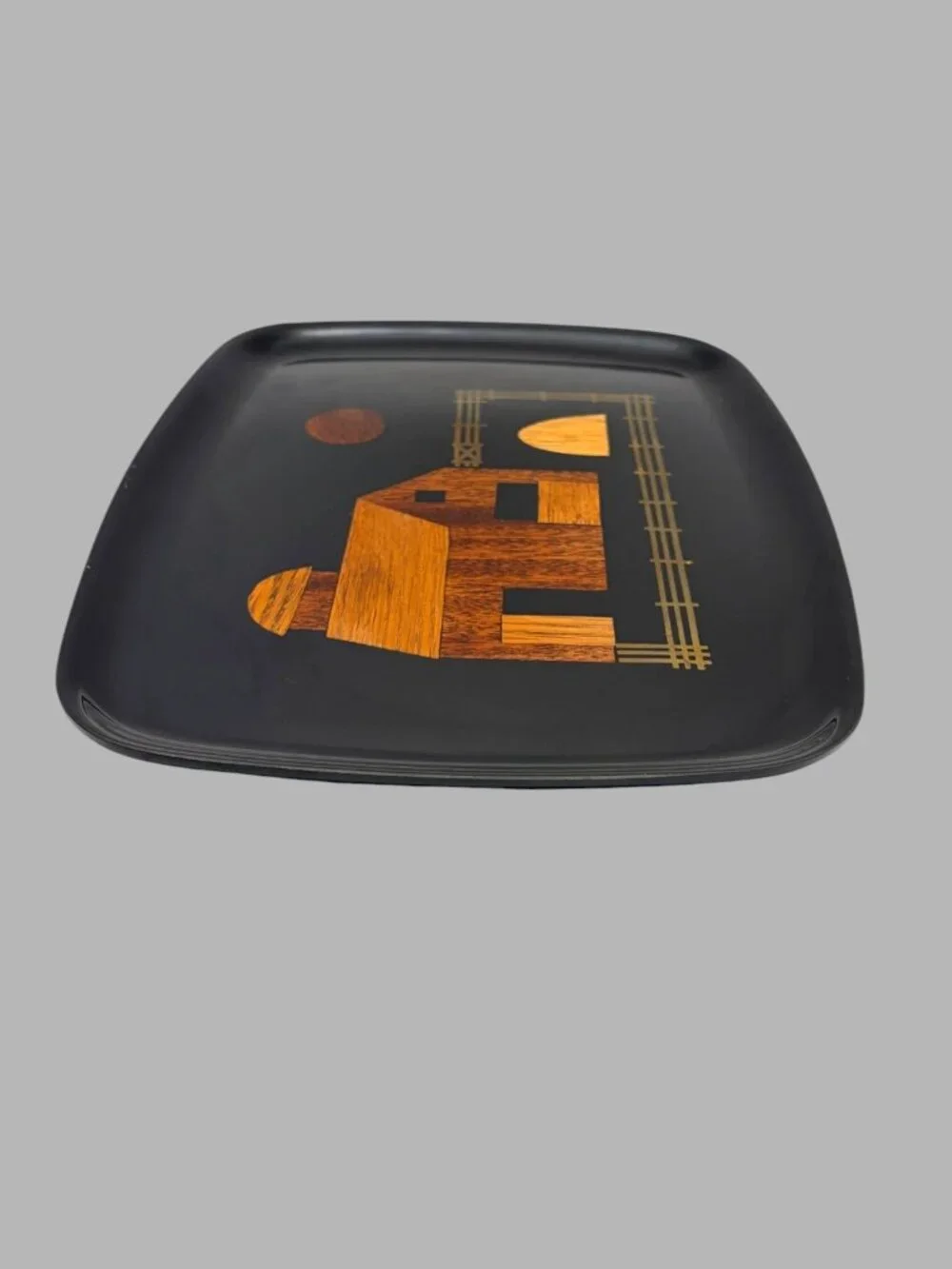 Vintage Couroc of Monterey Black Tray Wood Inlay Abstract House MCM 12.75 Inches